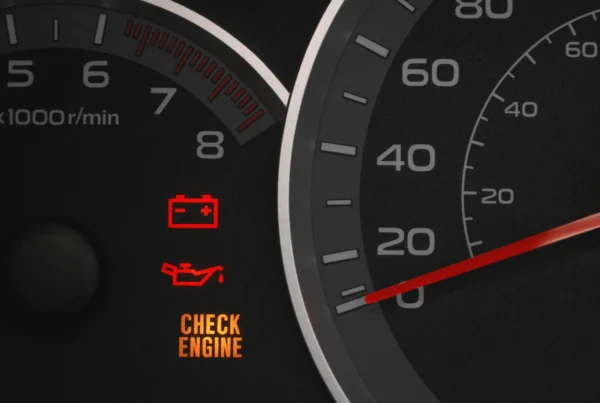 Close-up of a car dashboard with lit red battery and oil warning lights and an amber check engine light beside the tachometer and speedometer.