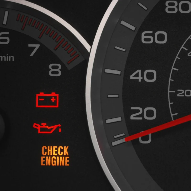 Close-up of a car dashboard with lit red battery and oil warning lights and an amber check engine light beside the tachometer and speedometer.