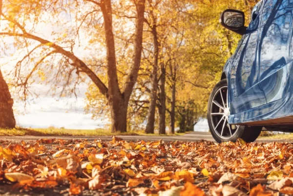 Close-up of a blue car's front tire and alloy wheel on a road covered in fallen autumn leaves, with golden trees in the background.